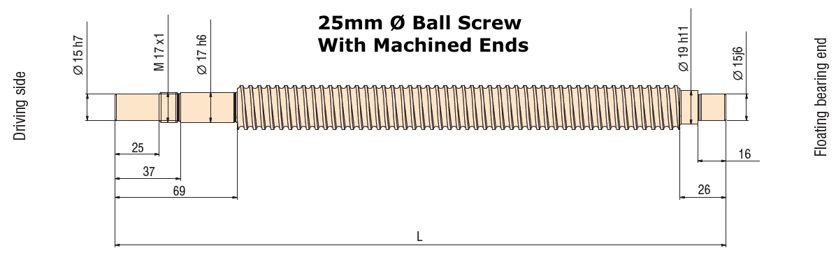 Ball screw 25mm with machined ends